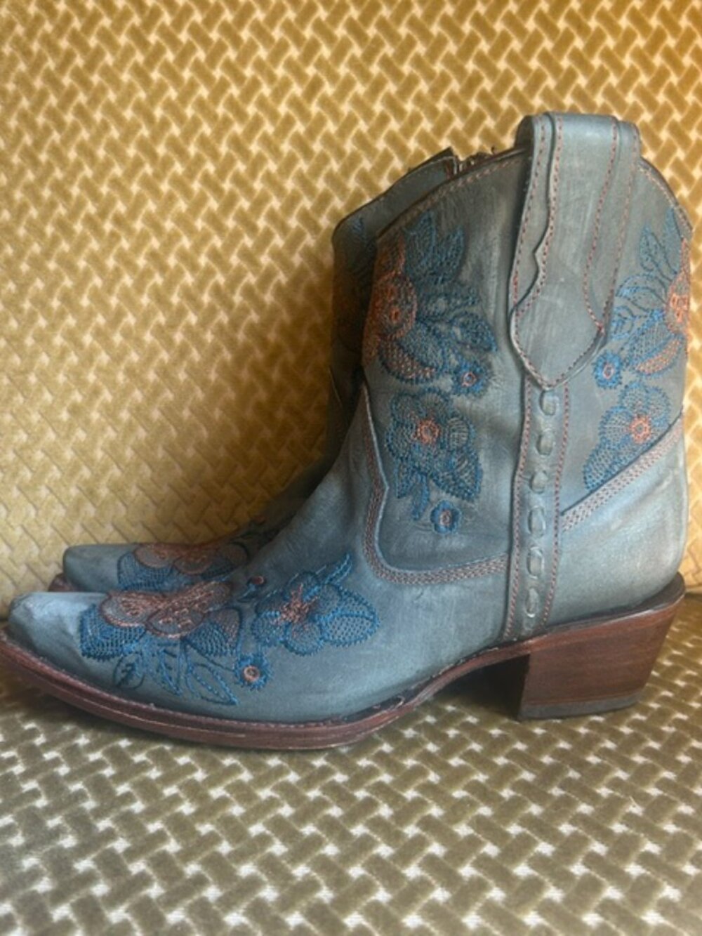 Corral Rich Blue Leather Flower Embroidered Zip Ankle Snip Western Booties NEW - Picture 8 of 16